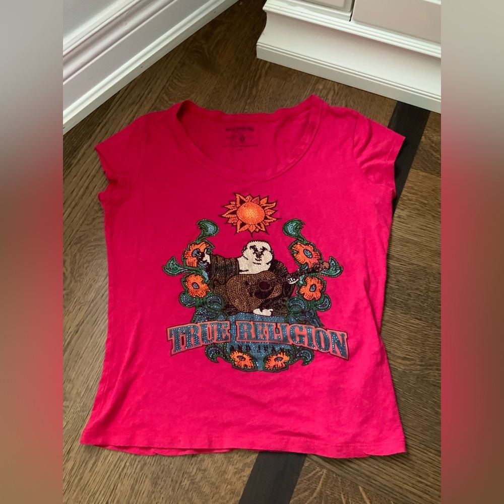 Vintage TRUE RELIGION Crystal Sunflower Cotton V-Neck T-Shirt Women’s SZ Medium